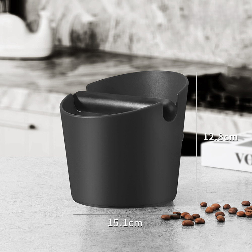Schwarzer Abklopfbehälter für Kaffeesatz mit Höhenangabe – geeignet für professionelle und private Nutzung.