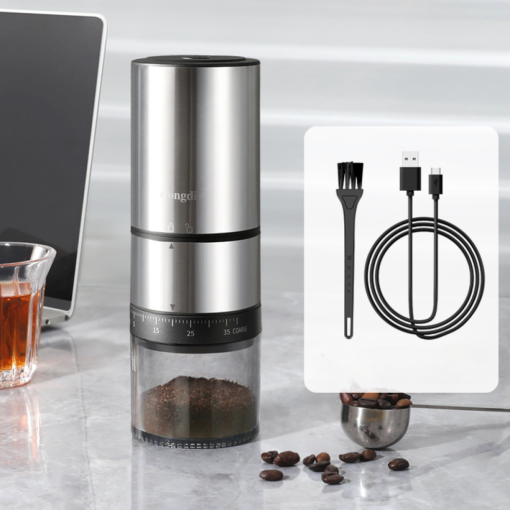 Stilvolle elektrische Kaffeemühle aus Edelstahl mit USB-Kabel und Reinigungsbürste – ideal für Kaffeeliebhaber.
