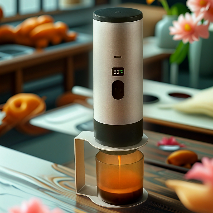 Goldene portable Kaffeemaschine von Honeybean mit digitalem Display auf 90 °C, im Einsatz auf einem gedeckten Frühstückstisch mit Blumen im Hintergrund.