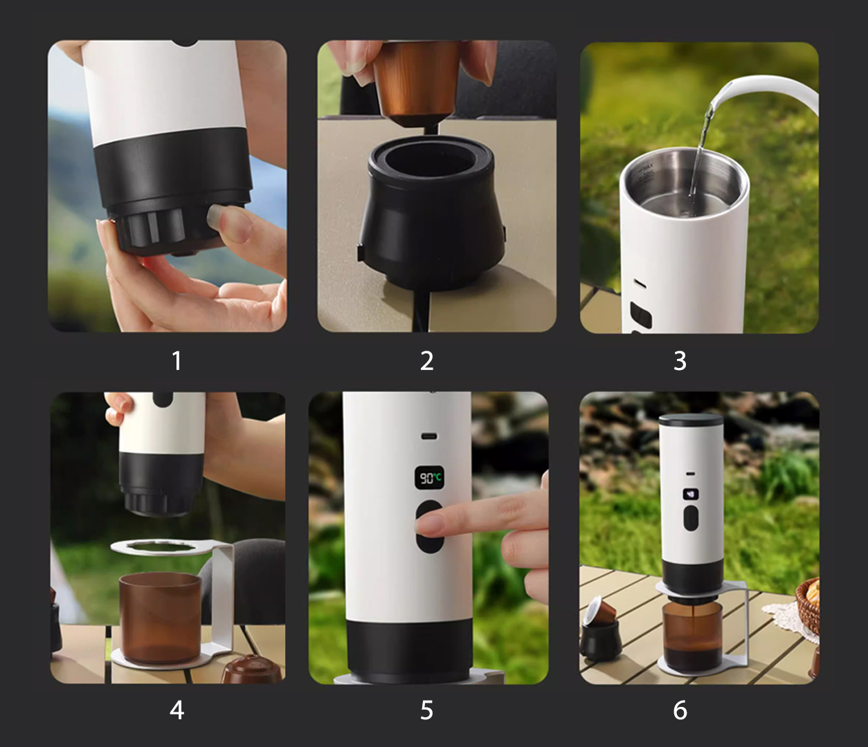 Übersicht der Anwendung der mobilen Kaffeemaschine – von der Befüllung mit Wasser bis zum fertigen Espresso.