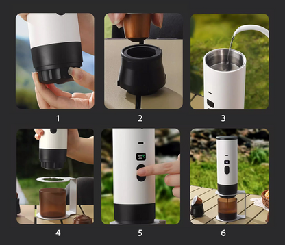Übersicht der Anwendung der mobilen Kaffeemaschine – von der Befüllung mit Wasser bis zum fertigen Espresso.